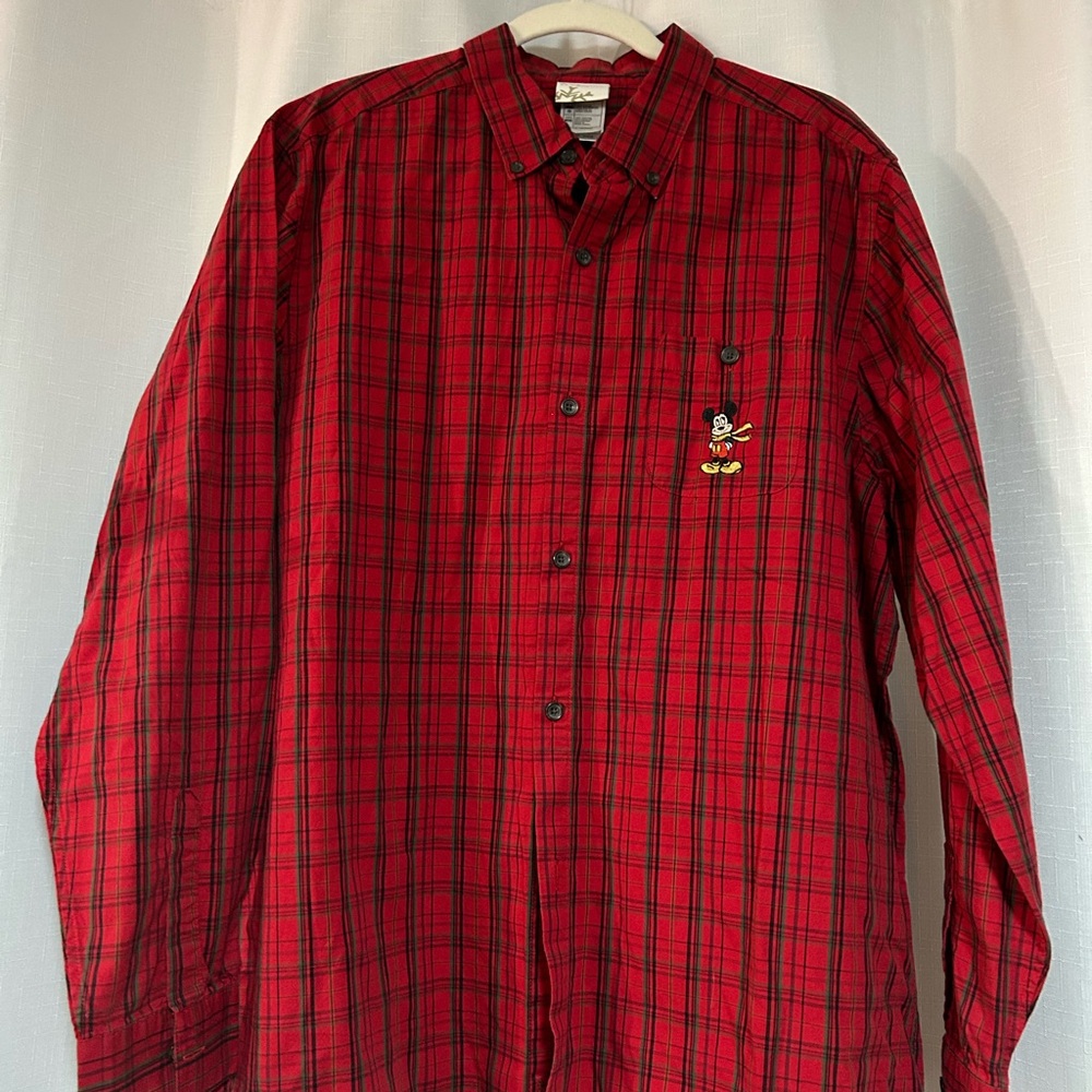 Disney Red Plaid Men's Button Down Shirt Mickey Mouse Christmas Festive Holiday